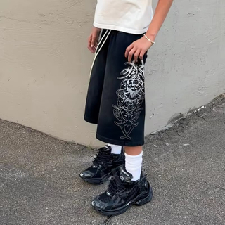 Προσαρμοσμένο Vintage Streetwear DTG εμπριμέ ανδρικό βαρύ 100% βαμβακερό μεσαίο σορτς με διπλή μέση φαρδιά ηλιοφάνεια