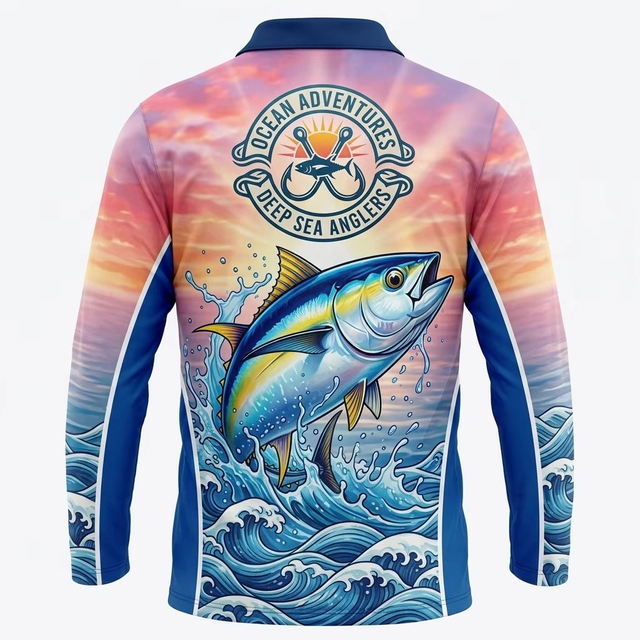 Polyester stof over det hele Sublimation Print Performance Fisket&oslash;j Custom Uv Upf 50 Beskyttelse Quick Dry Fishing T-shirt