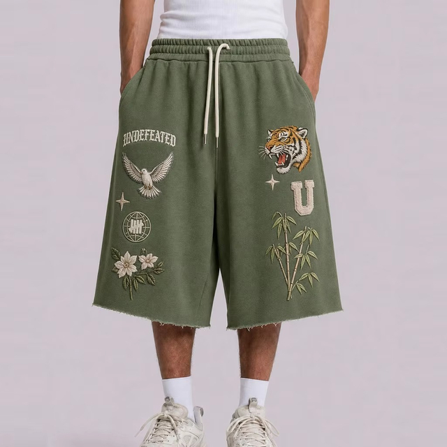 Pantalones de ch&aacute;ndal sueltos holgados con bordado 3D para hombre, pantalones cortos con dise&ntilde;o personalizado, dobladillo crudo, cord&oacute;n de algod&oacute;n, pantalones cortos de ch&aacute;ndal 3/4